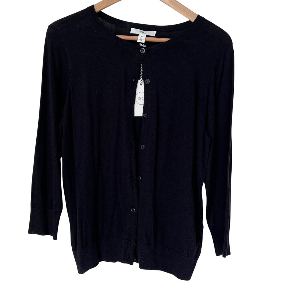 1901 Nordstrom Pima Cotton Blend Crewneck 3/4 Sleeve Button Cardigan Black M